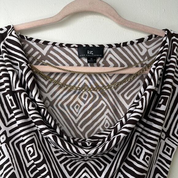 Md Y2K VTG IZ Byer Brown Geometric Print Cowl Neck Ruched Top w/ Chain Bratzcore - Picture 2 of 6